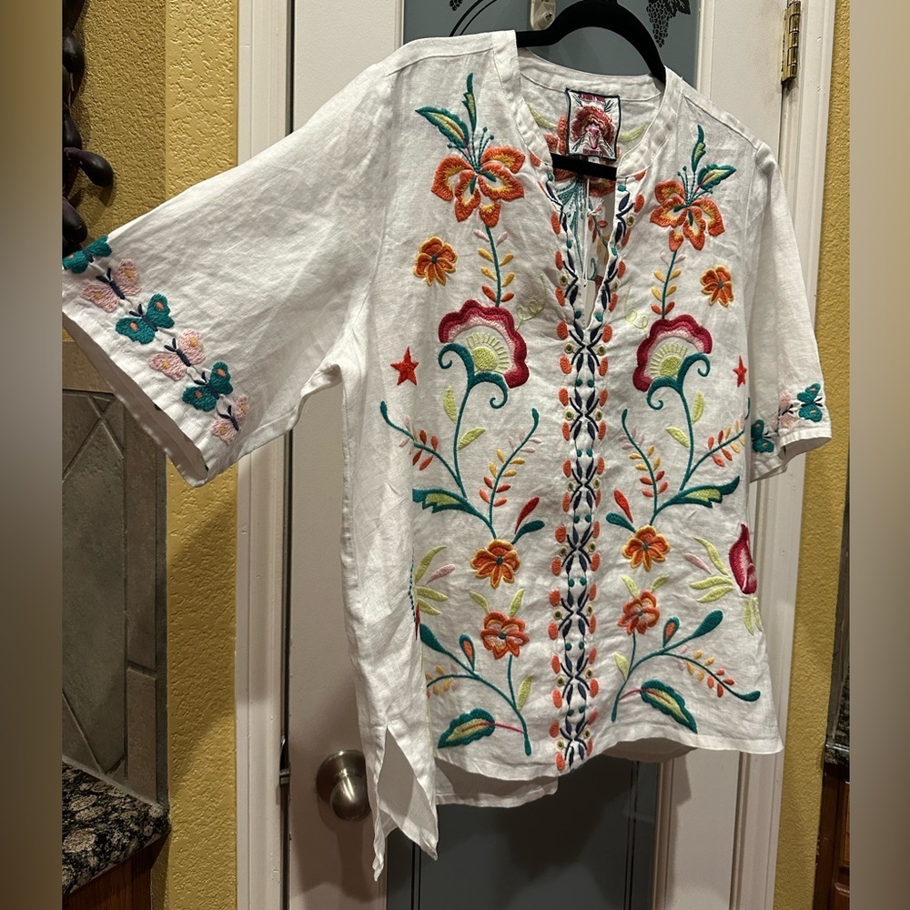 Johnny Was Floral Embroidered White Tunic 100% linen size L - Picture 6 of 8